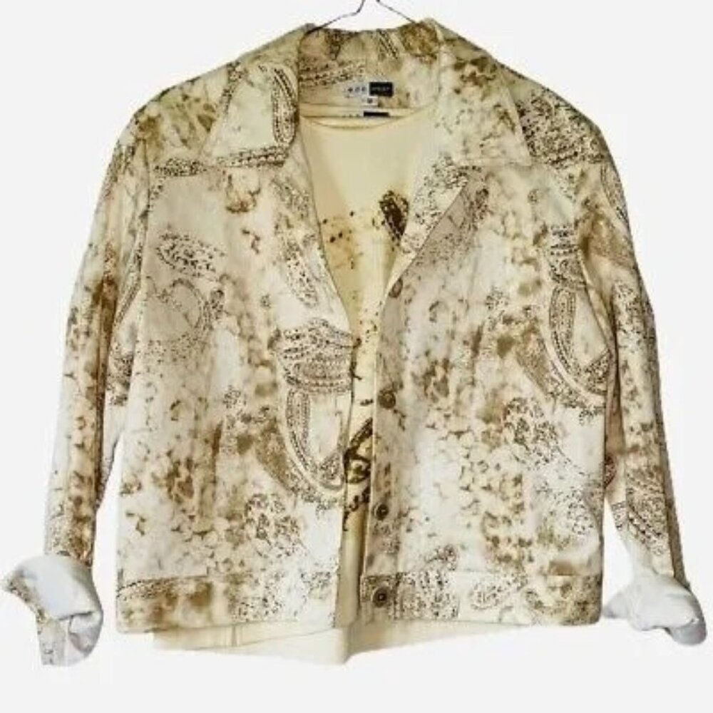 600 West Womens Jacket T-Shirt Ivory Paisley Buttons Stretch Embellished XL